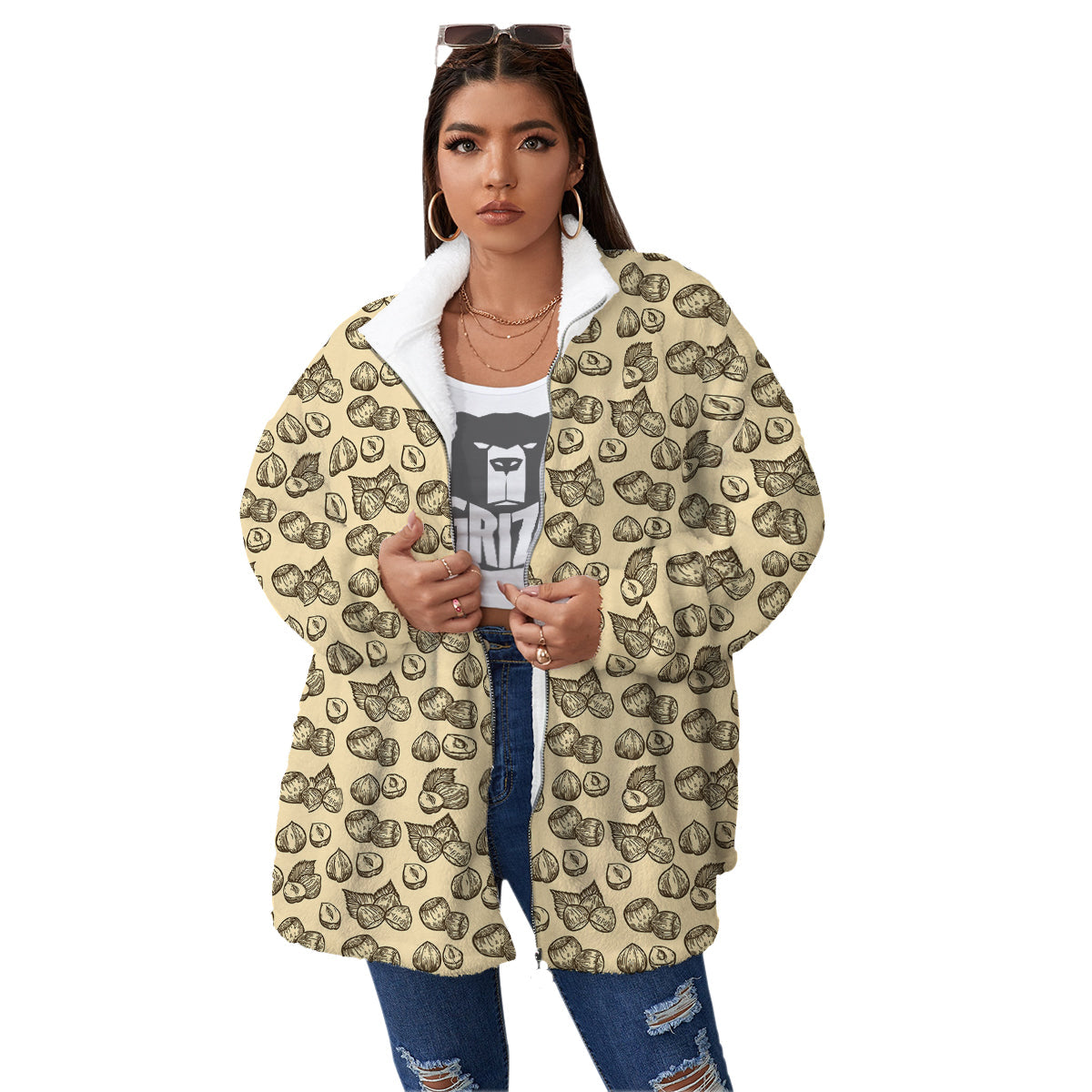 Beige Hazelnuts Print Pattern Women's Sherpa Jacket-grizzshop