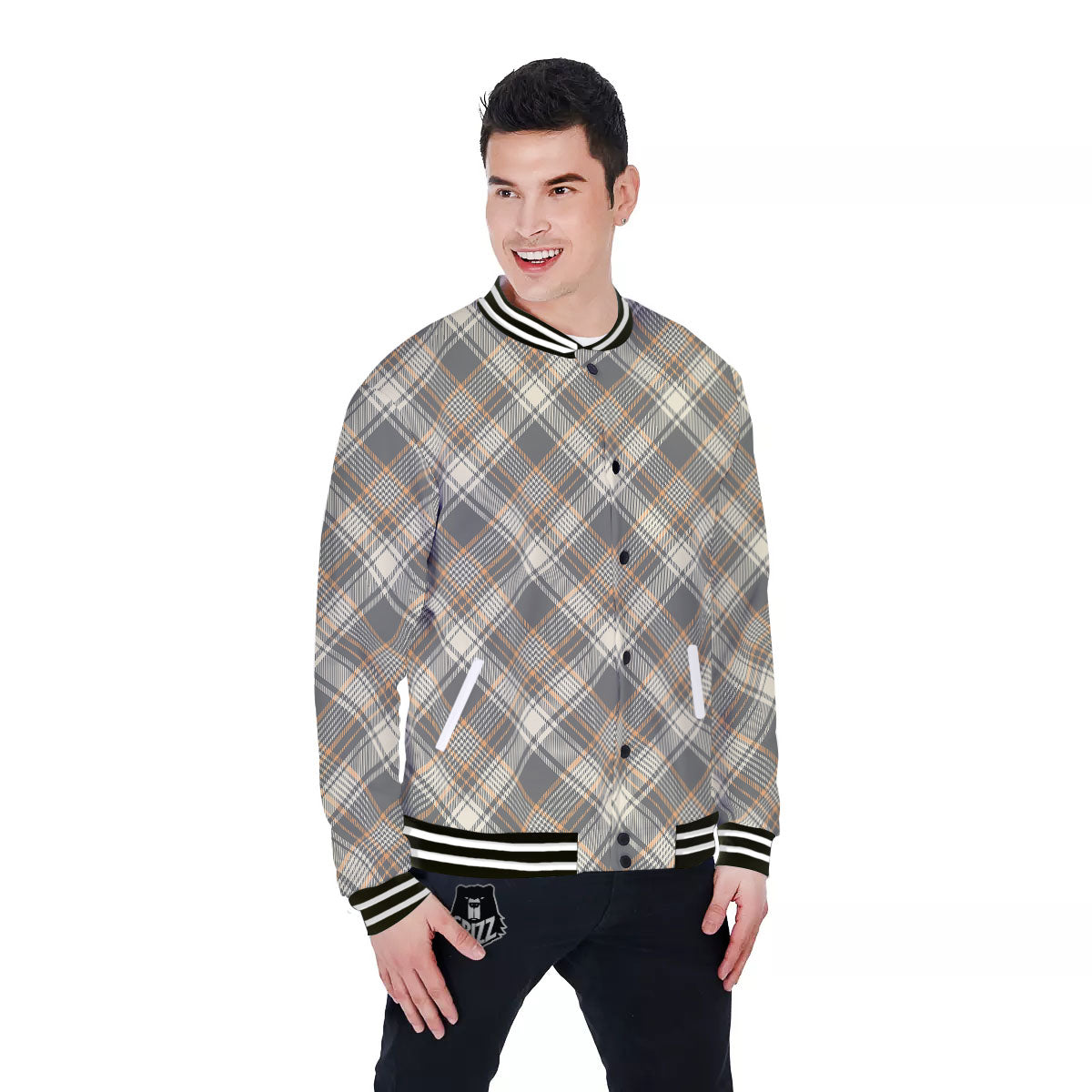 Beige Plaid And Grey Print Pattern Baseball Jacket-grizzshop