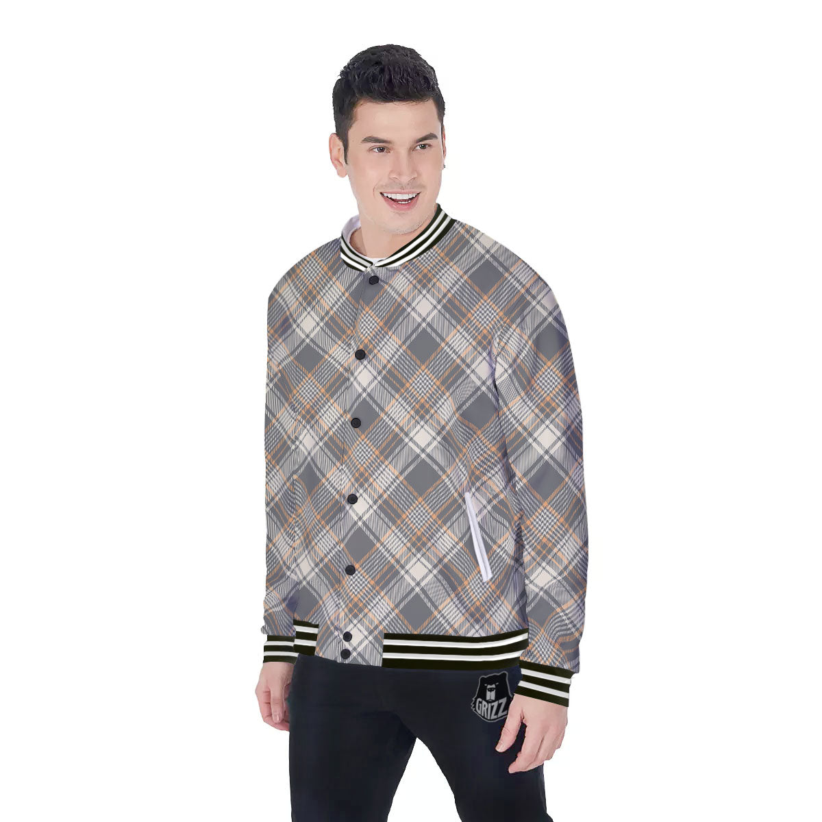 Beige Plaid And Grey Print Pattern Baseball Jacket-grizzshop