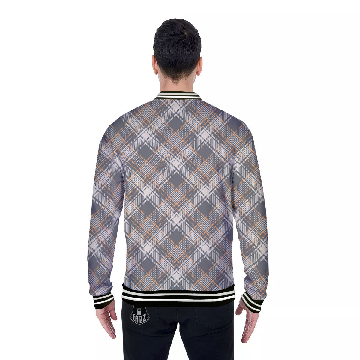 Beige Plaid And Grey Print Pattern Baseball Jacket-grizzshop