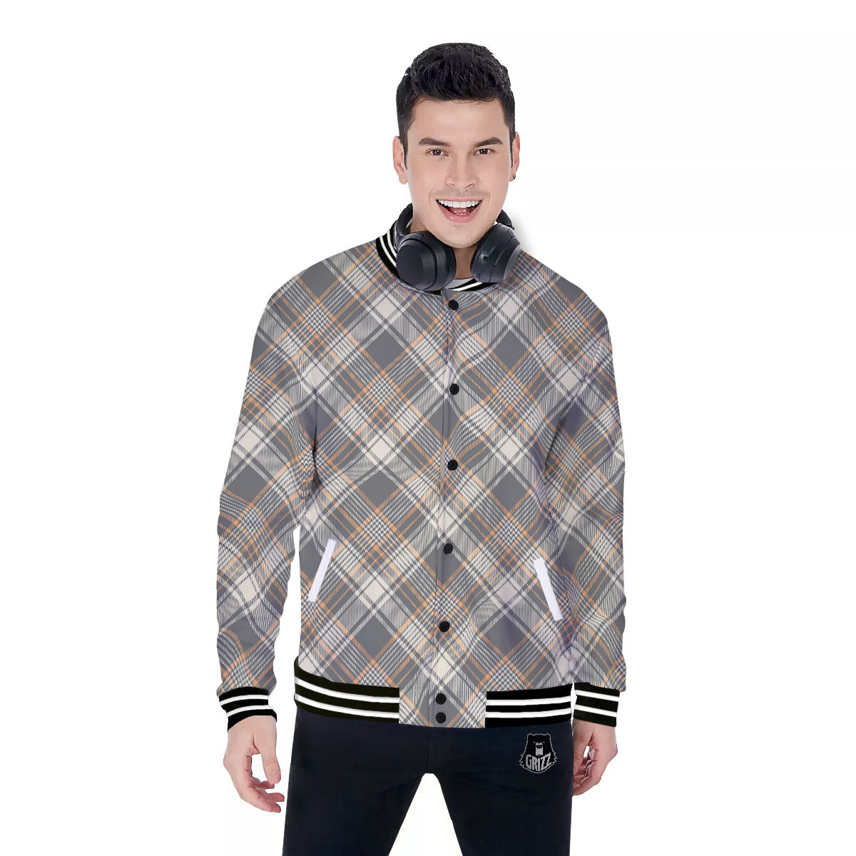 Beige Plaid And Grey Print Pattern Baseball Jacket-grizzshop
