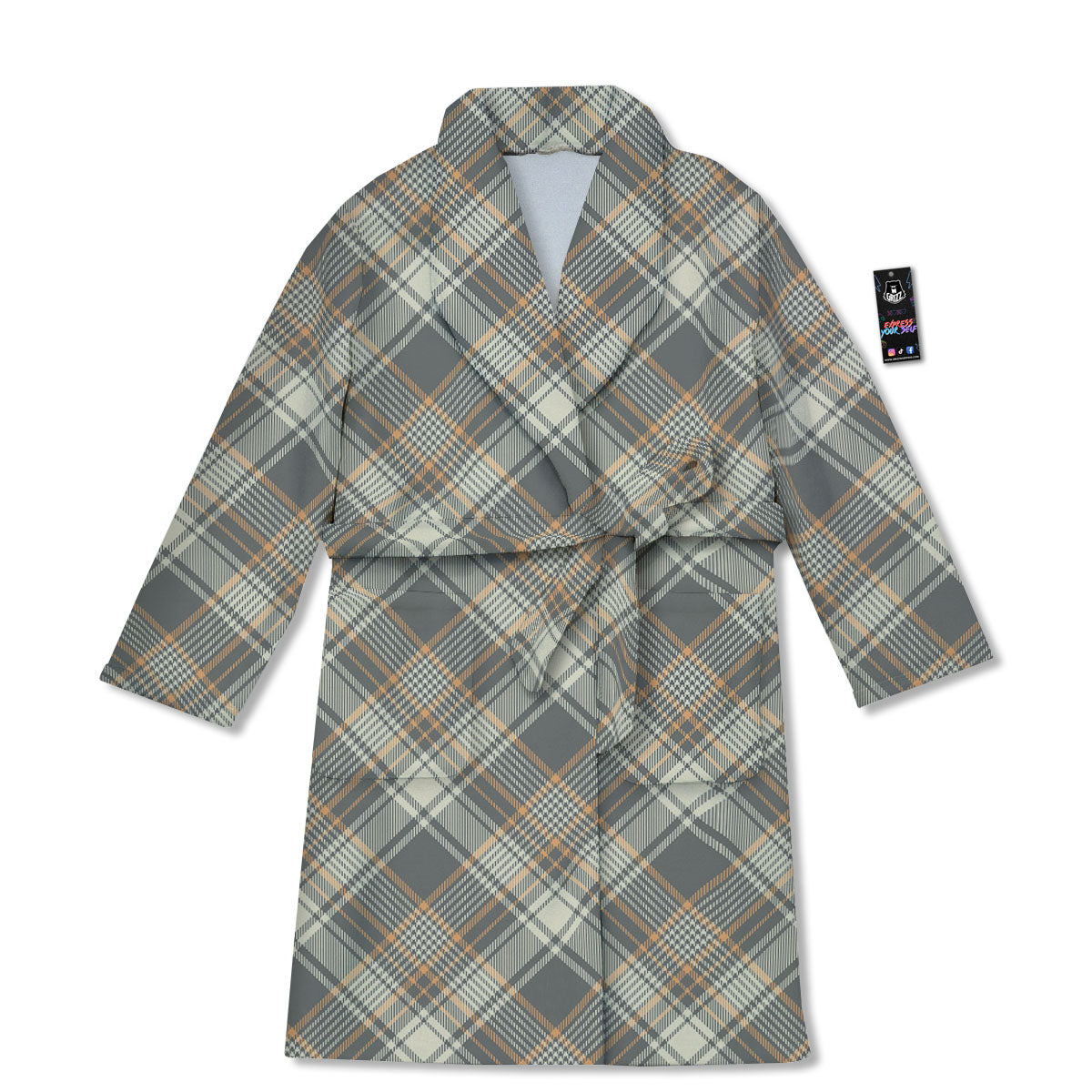 Beige Plaid And Grey Print Pattern Bathrobe-grizzshop