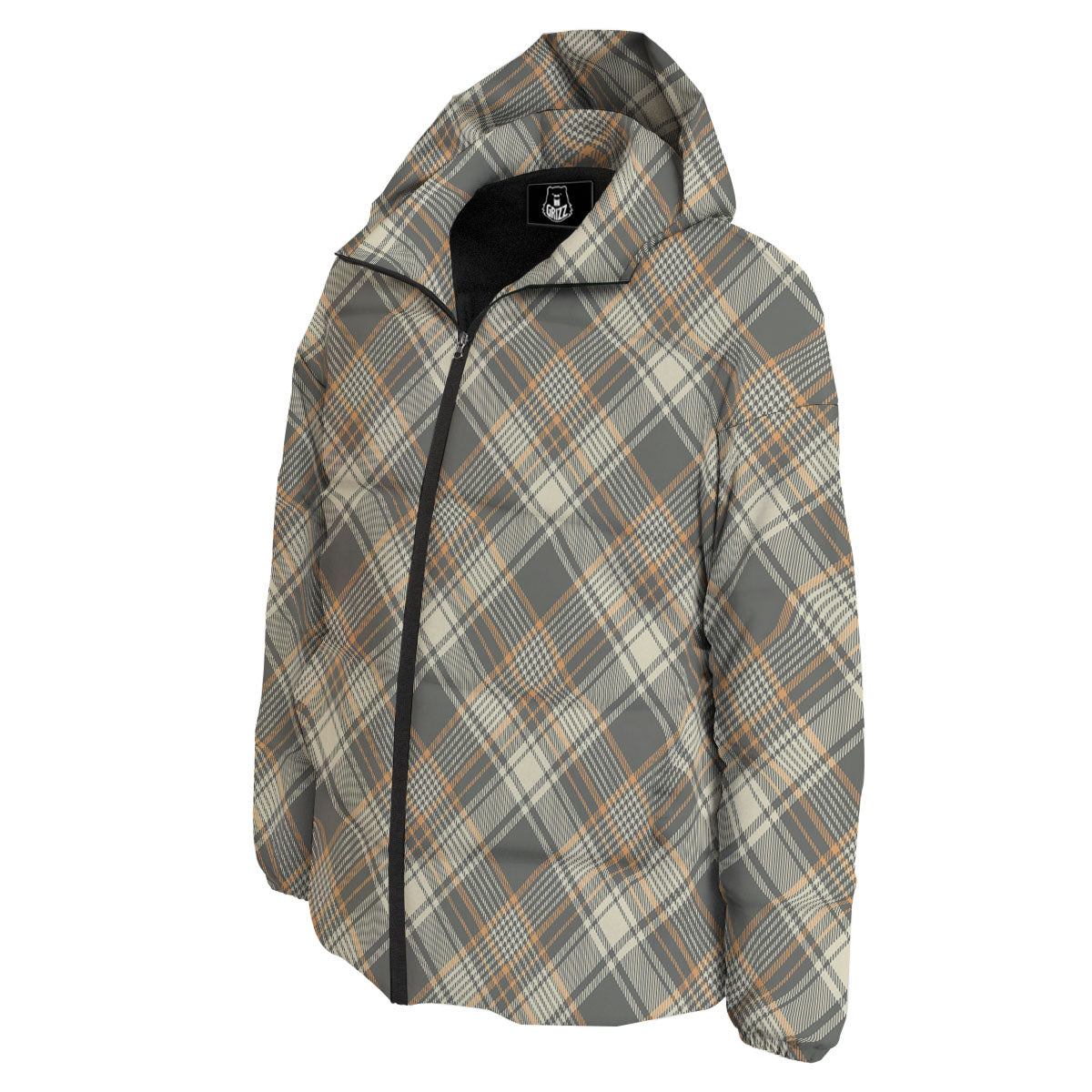 Beige Plaid And Grey Print Pattern Down Jacket-grizzshop