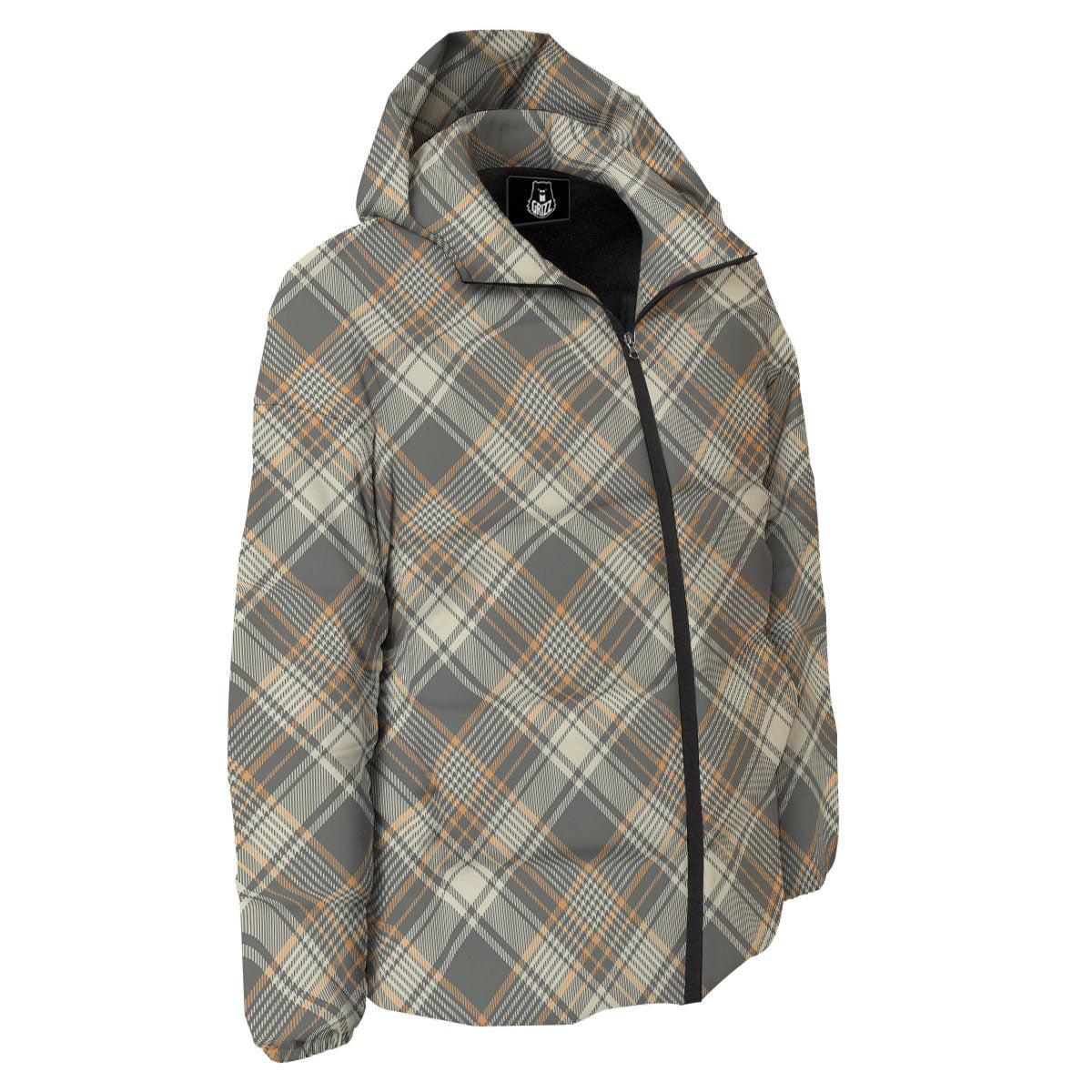 Beige Plaid And Grey Print Pattern Down Jacket-grizzshop