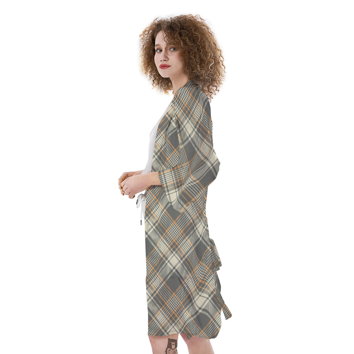 Beige Plaid And Grey Print Pattern Kimono-grizzshop