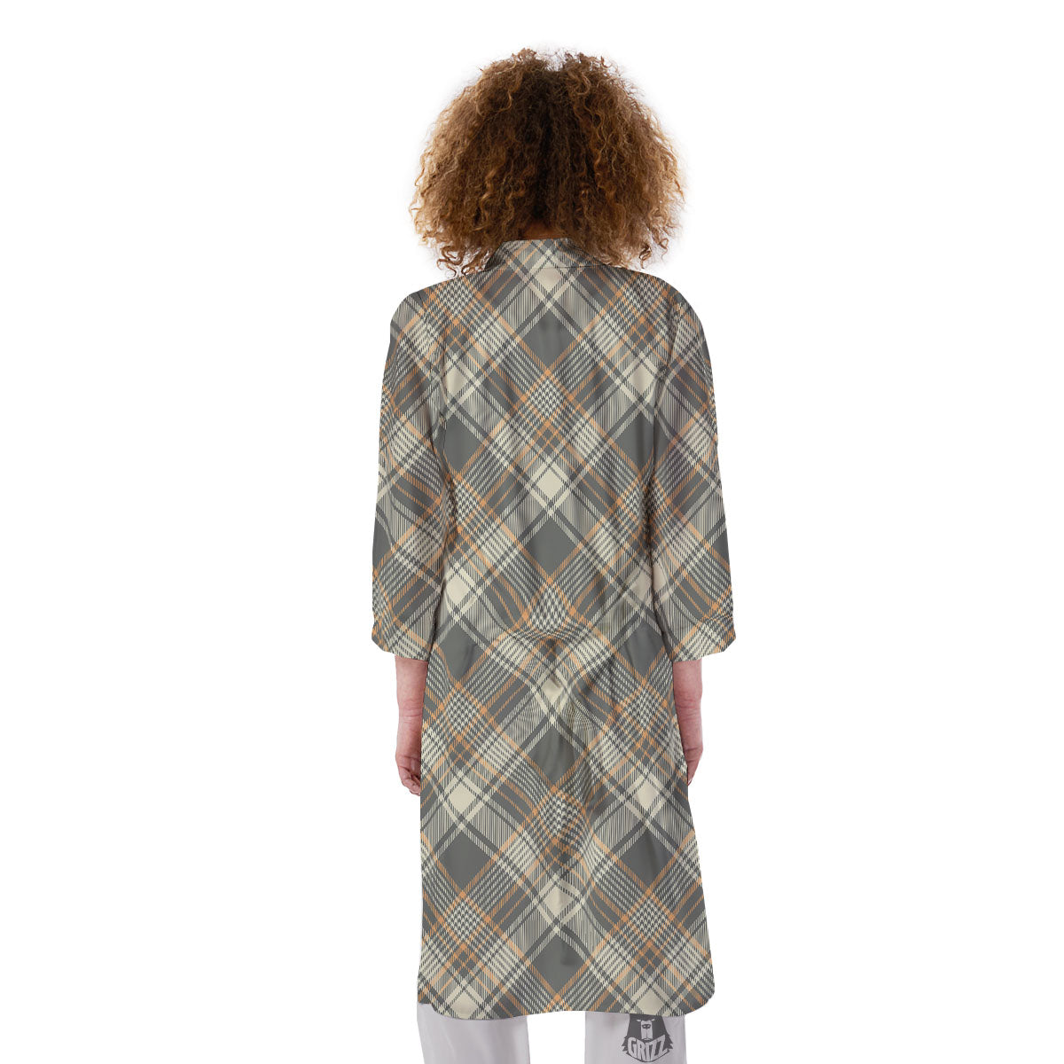Beige Plaid And Grey Print Pattern Kimono-grizzshop