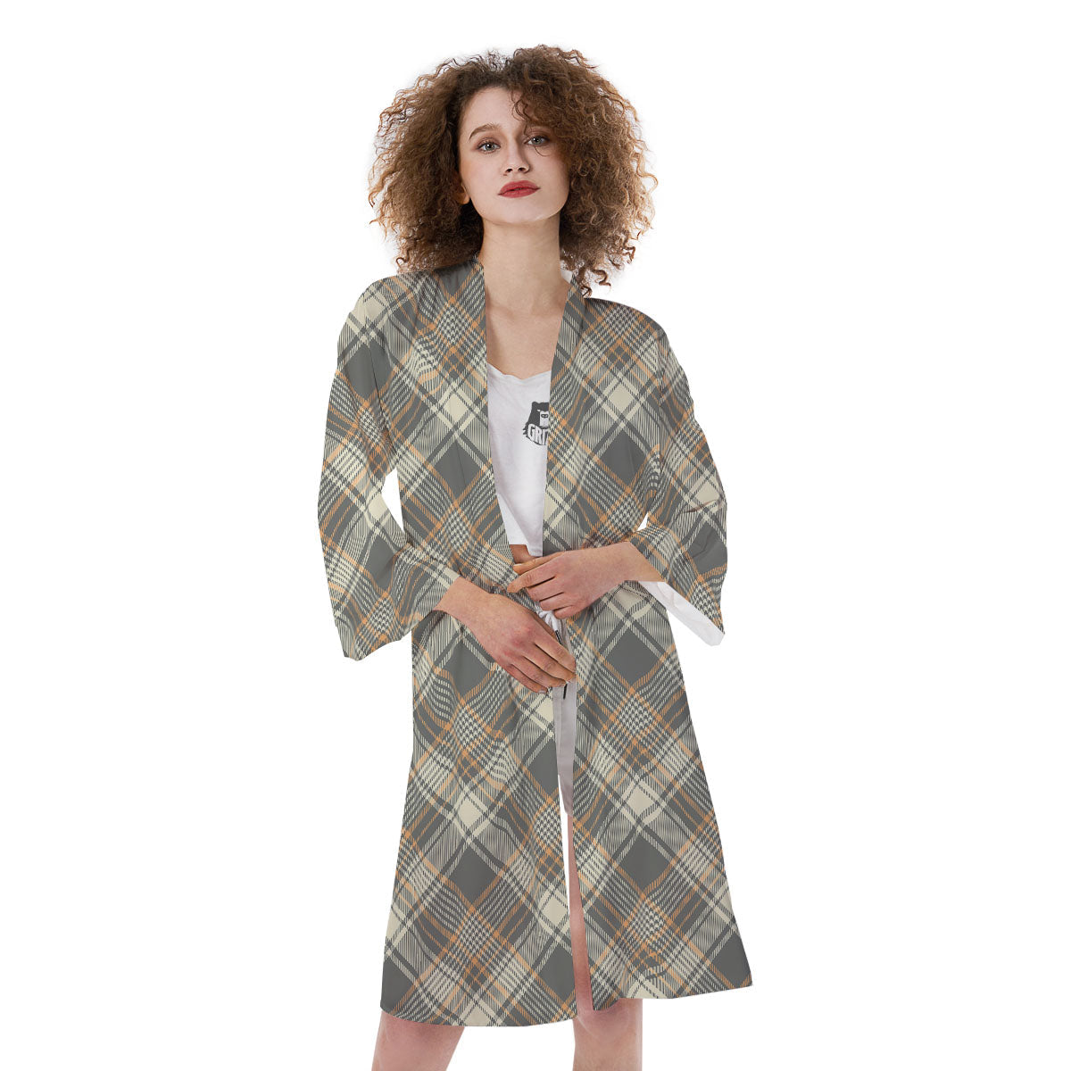Beige Plaid And Grey Print Pattern Kimono-grizzshop