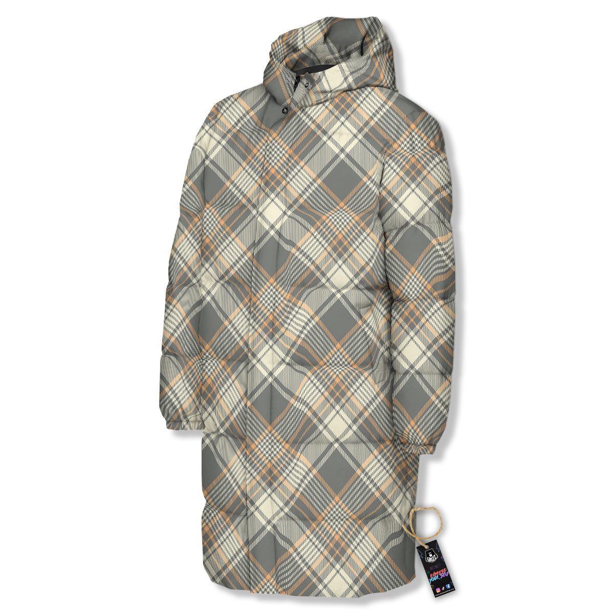 Beige Plaid And Grey Print Pattern Long Down Jacket-grizzshop