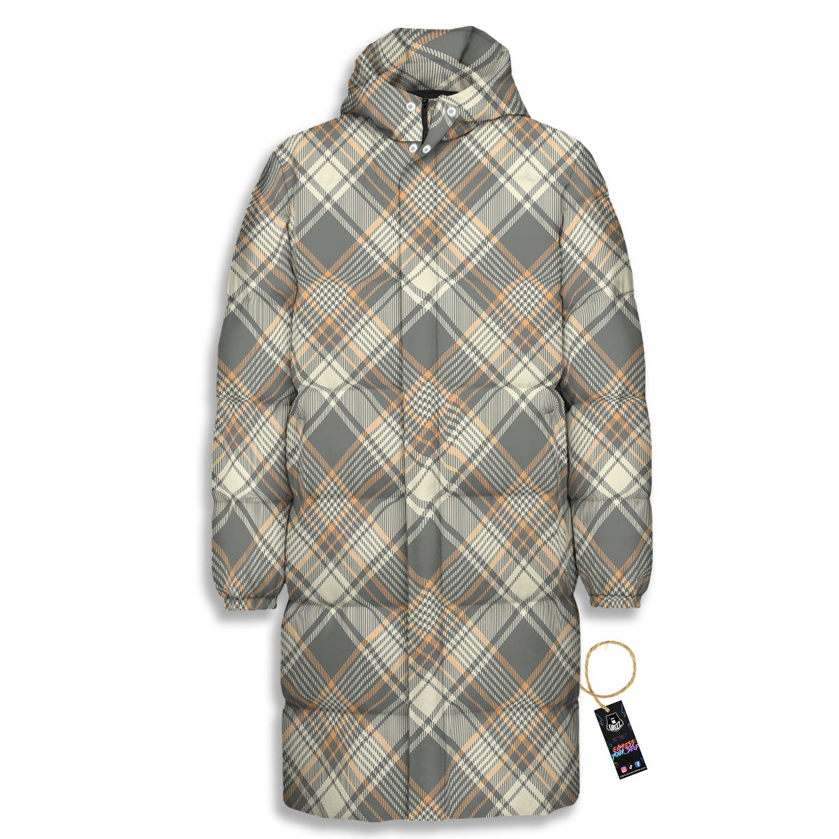 Beige Plaid And Grey Print Pattern Long Down Jacket-grizzshop