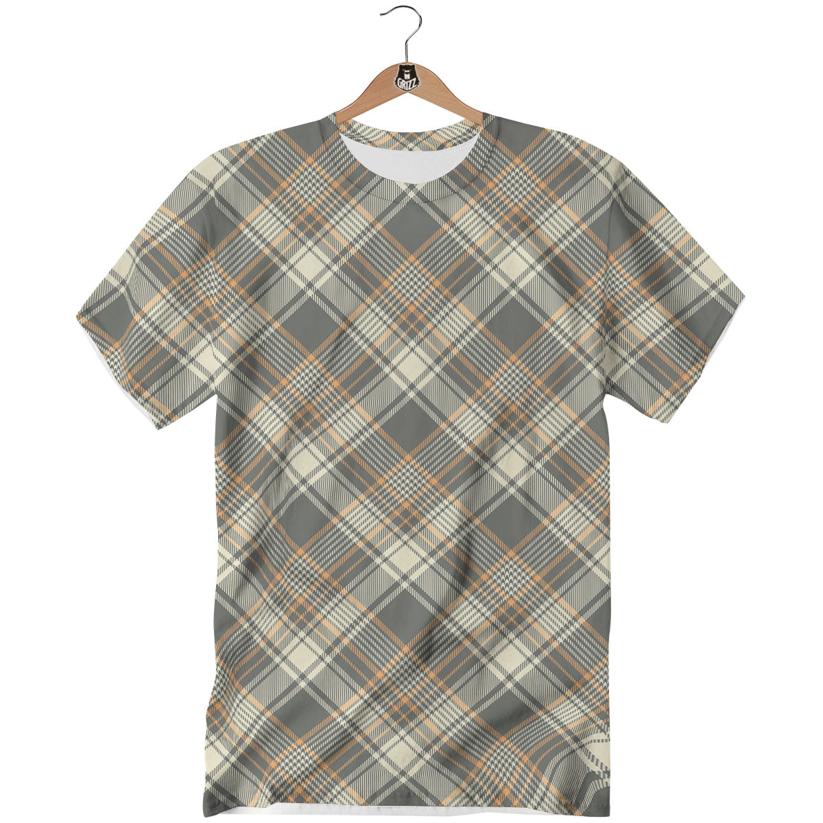 Beige Plaid And Grey Print Pattern T-Shirt-grizzshop
