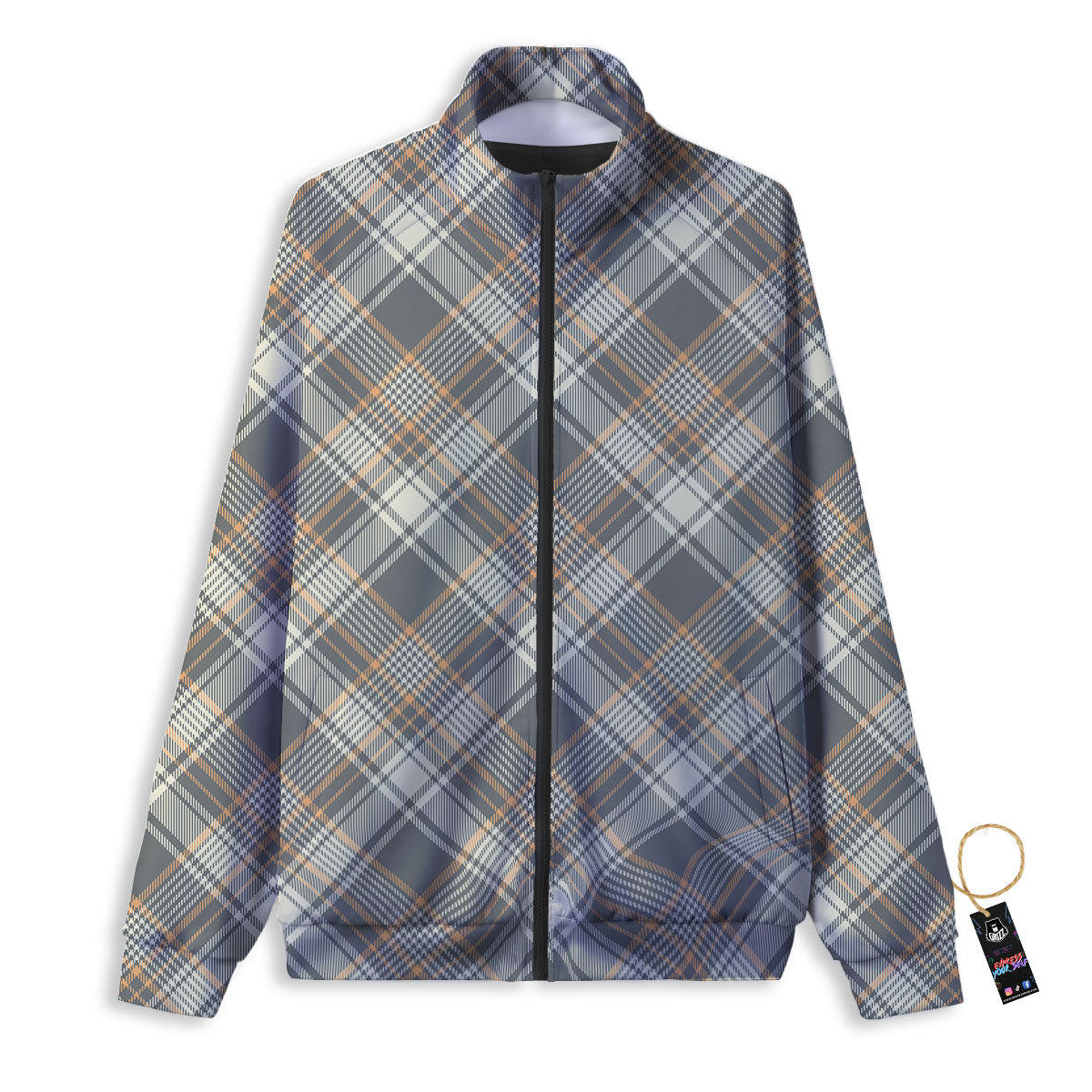 Beige Plaid And Grey Print Pattern Track Jacket-grizzshop