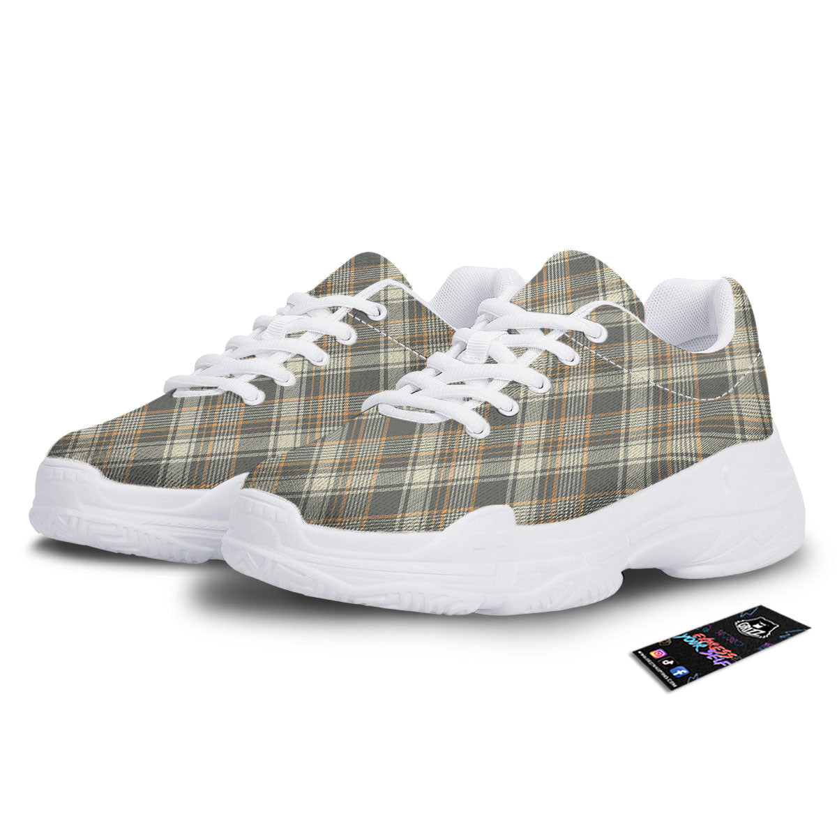 Beige Plaid And Grey Print Pattern White Chunky Shoes-grizzshop