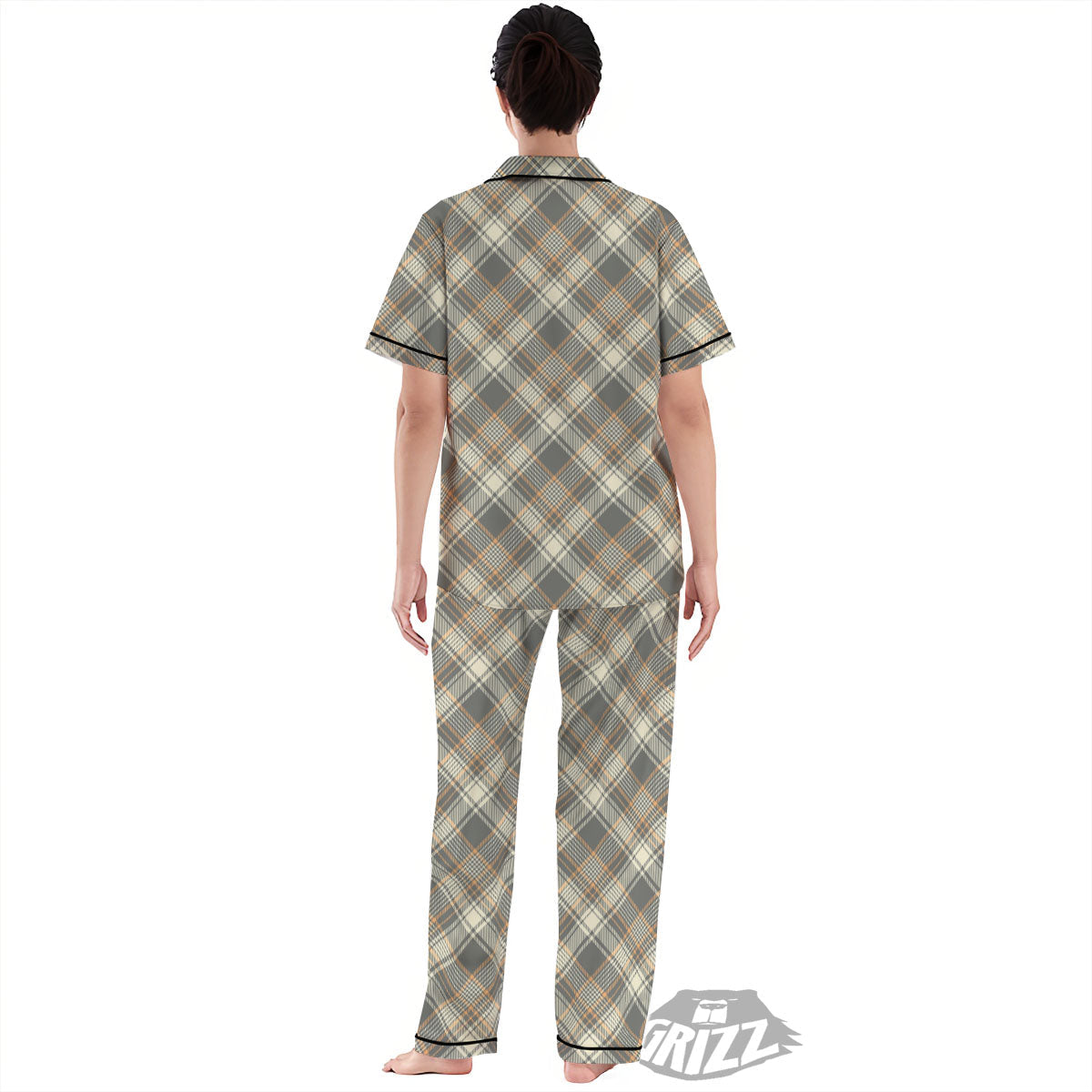 Beige Plaid And Grey Print Pattern Women's Pajamas Set-grizzshop