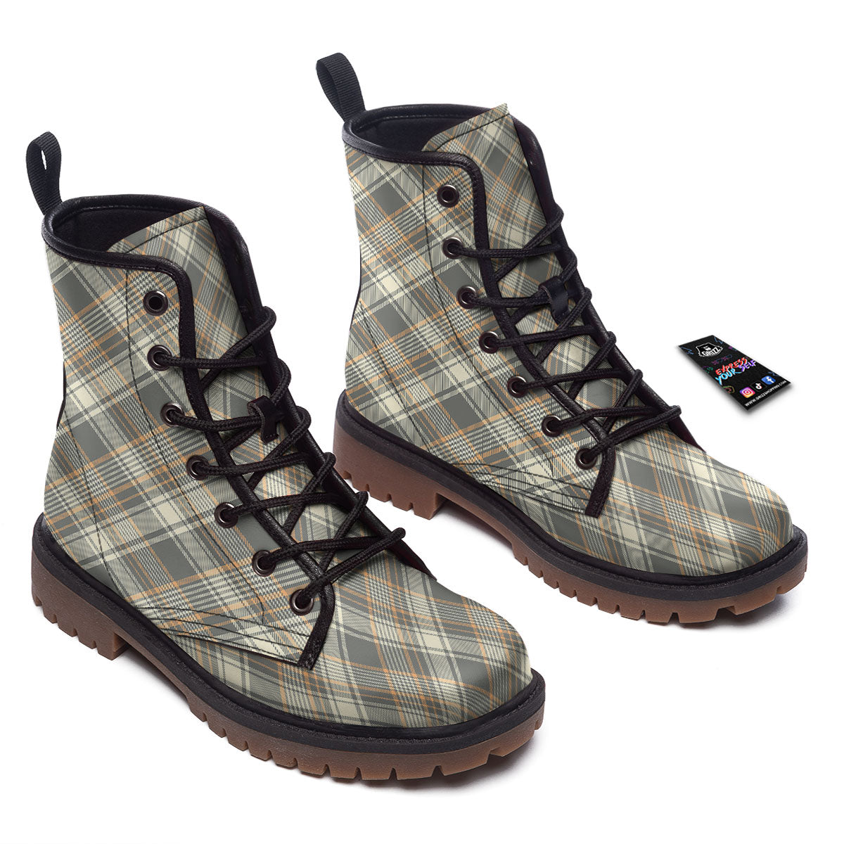 Beige Plaid And Grey Print Pattern Work Boots-grizzshop