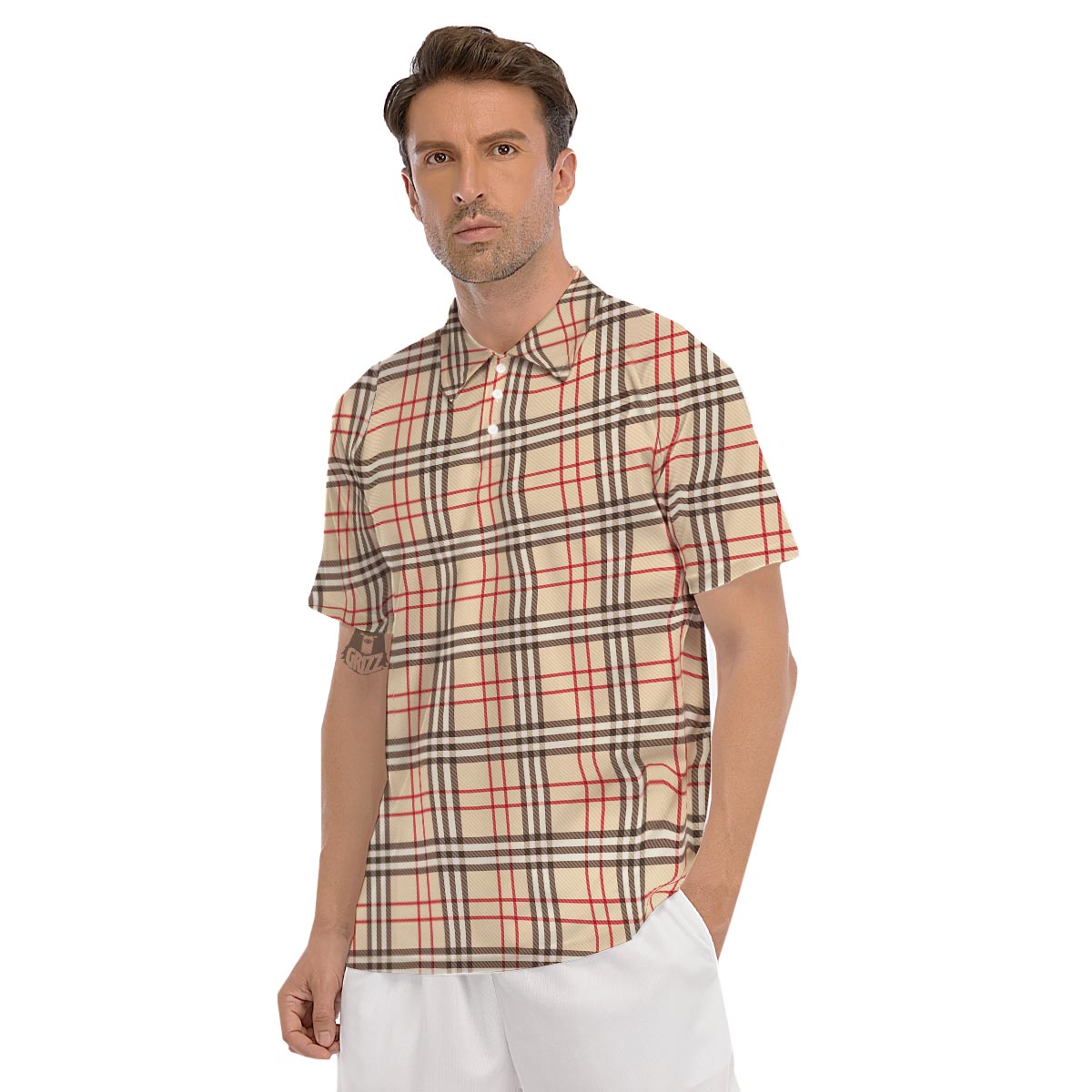 Beige Plaid Tartan Men's Golf Shirts-grizzshop