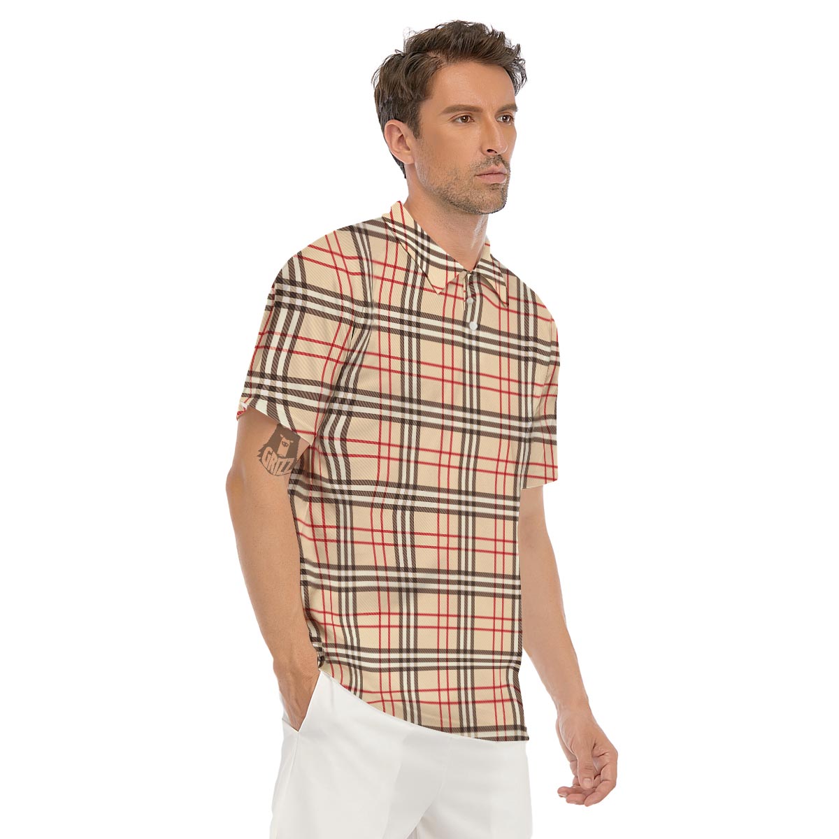 Beige Plaid Tartan Men's Golf Shirts-grizzshop