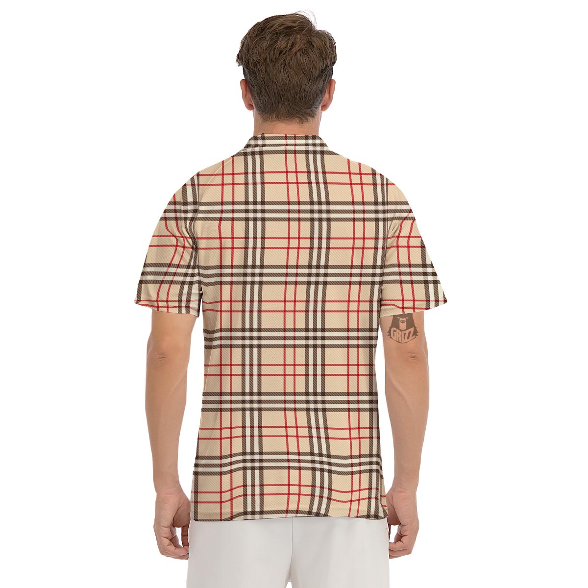Beige Plaid Tartan Men's Golf Shirts-grizzshop