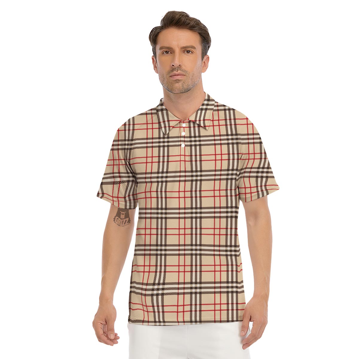 Beige Plaid Tartan Men's Golf Shirts-grizzshop