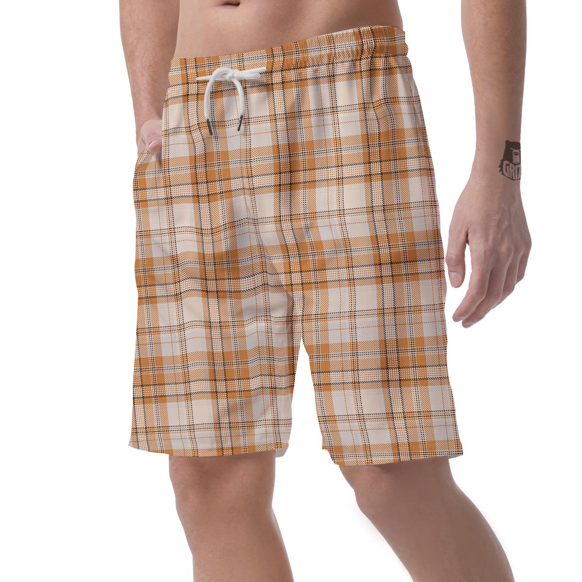 Beige Plaid Tartan Print Men's Shorts-grizzshop