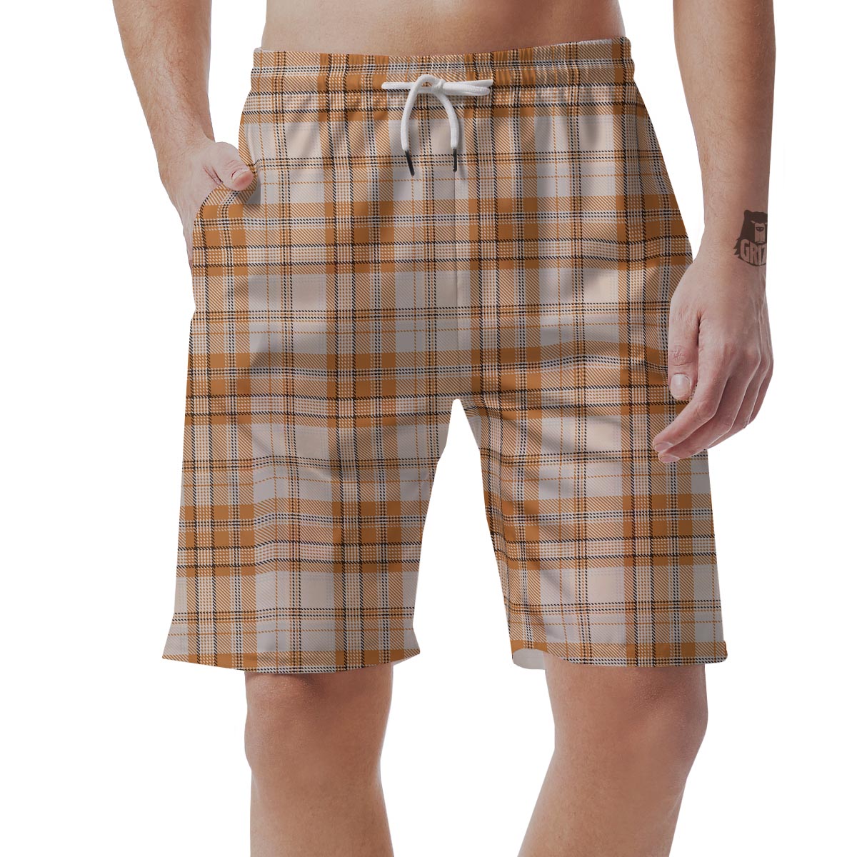 Beige Plaid Tartan Print Men's Shorts-grizzshop