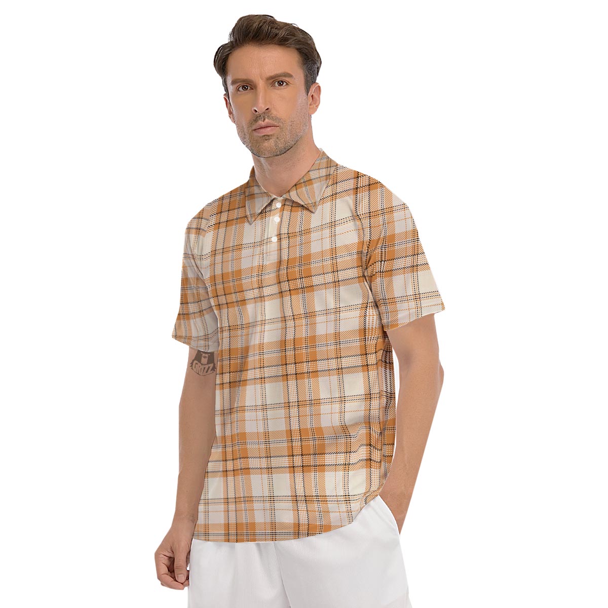 Beige Plaid Tartan Print Men's Golf Shirts-grizzshop