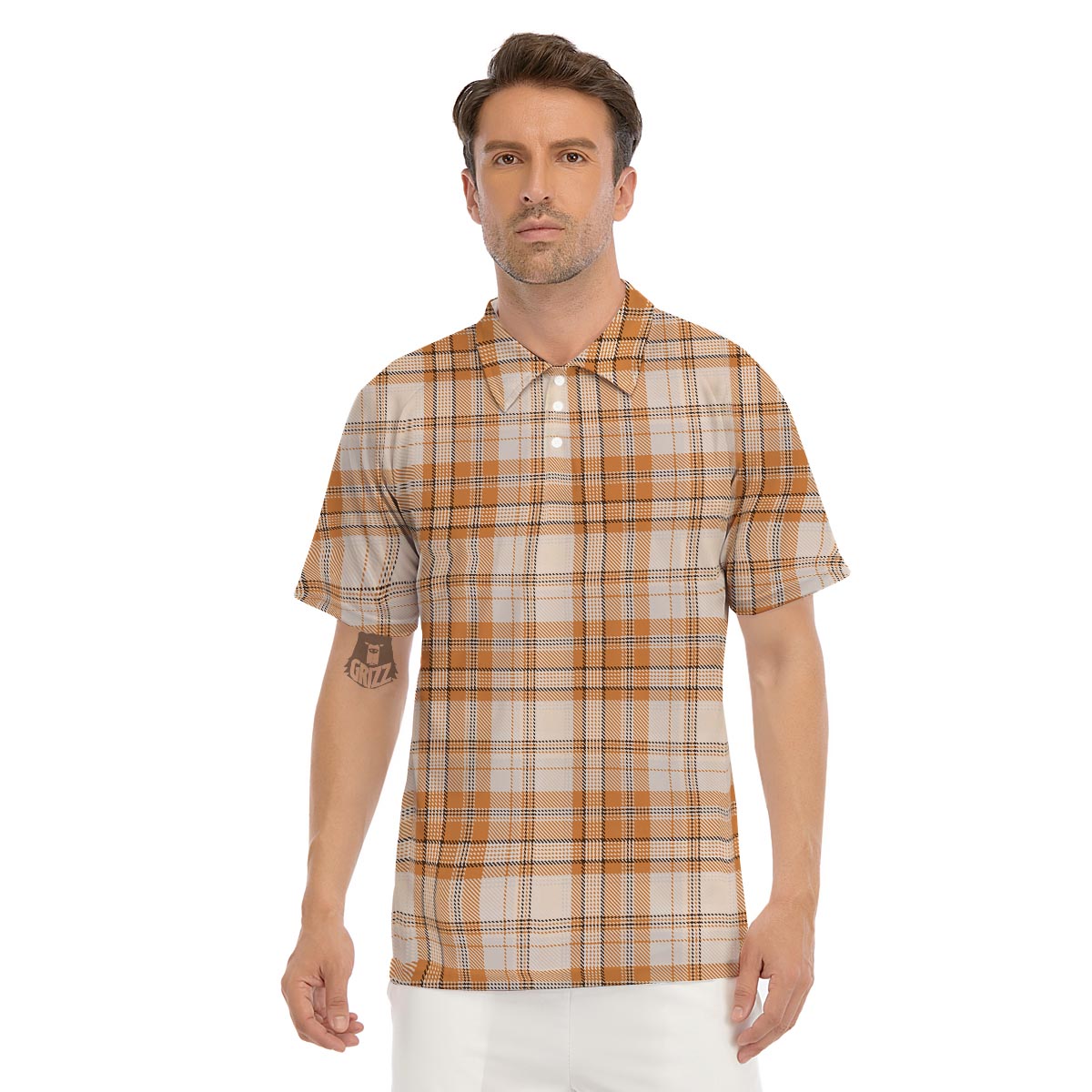 Beige Plaid Tartan Print Men's Golf Shirts-grizzshop