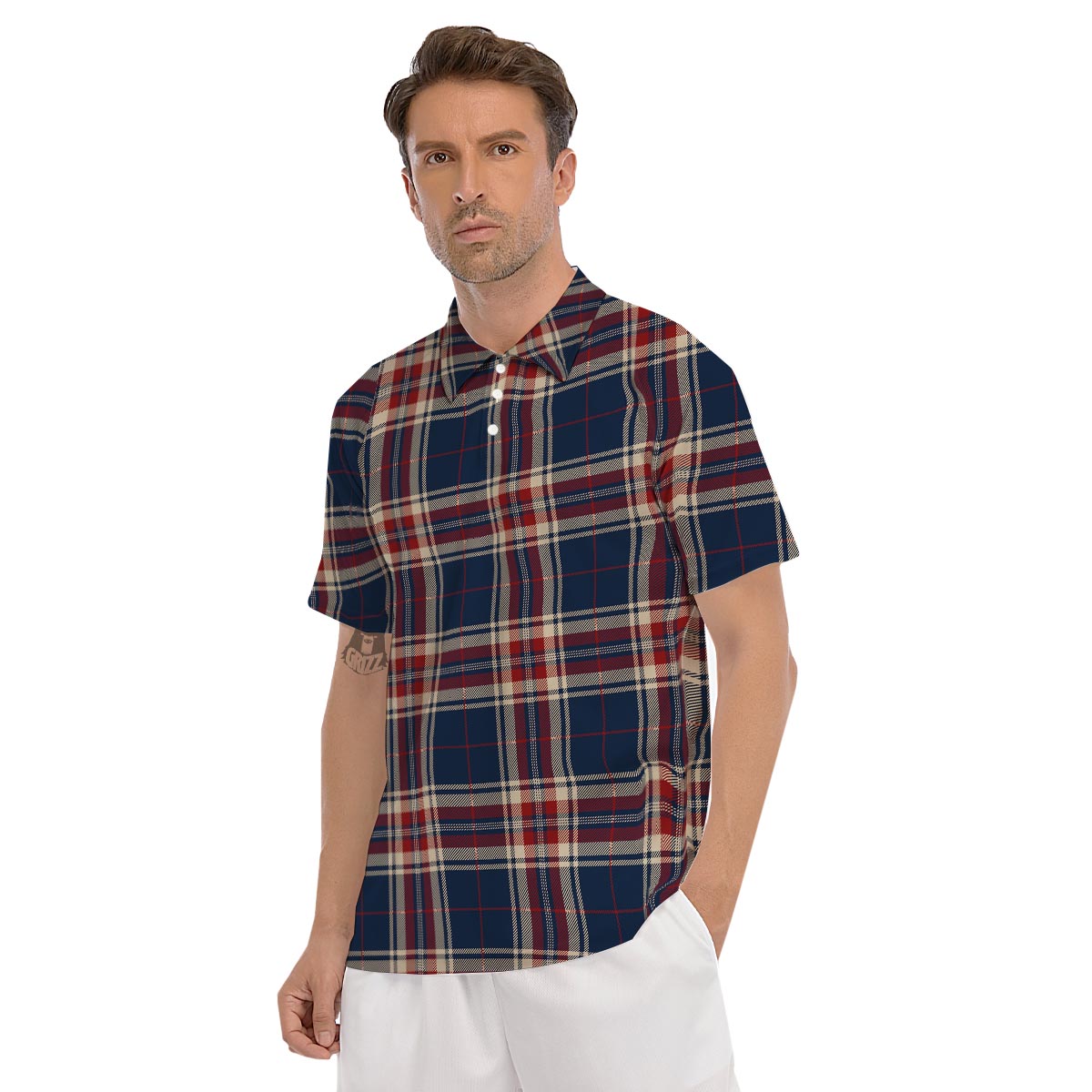 Beige Red And Blue Plaid Tartan Men's Golf Shirts-grizzshop