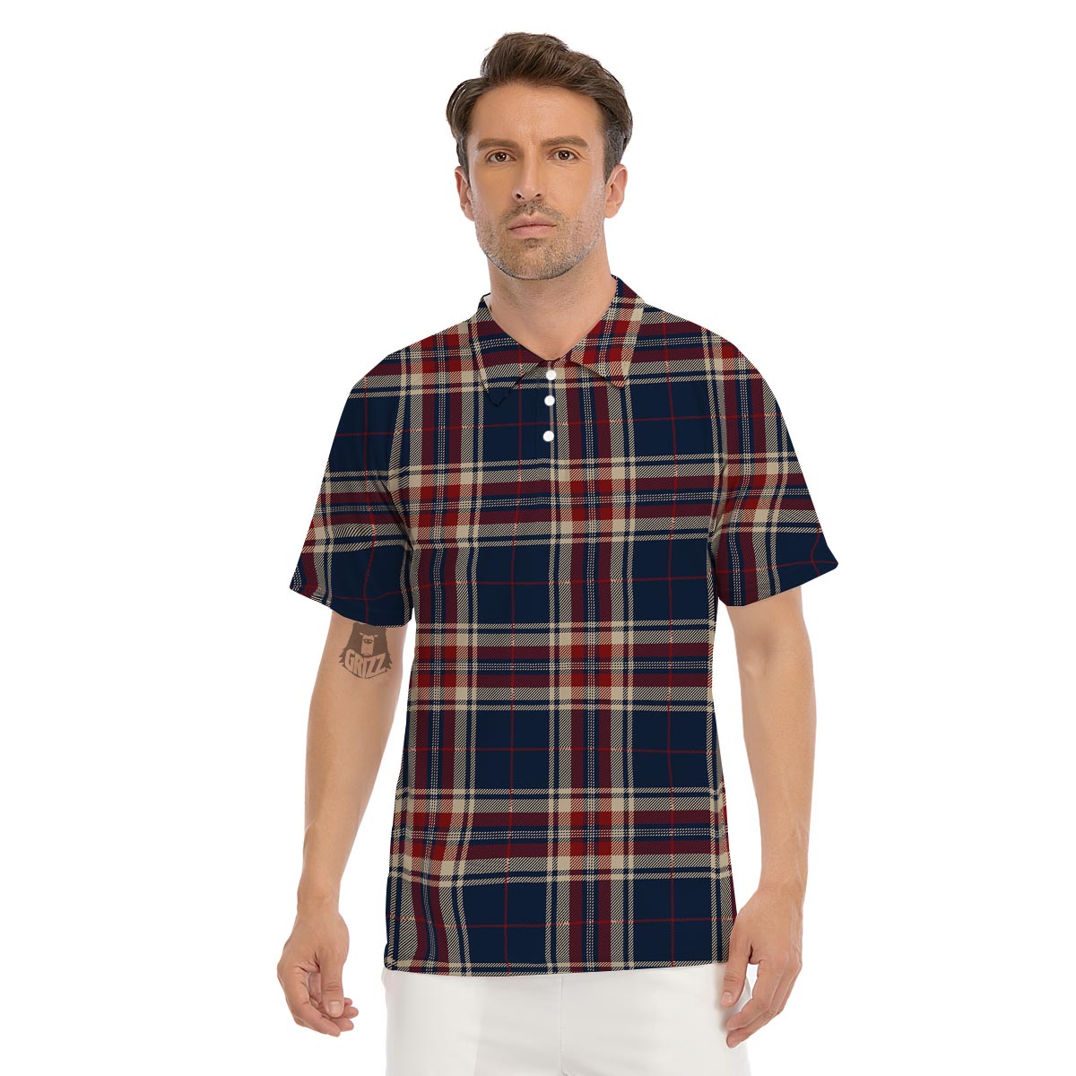 Beige Red And Blue Plaid Tartan Men's Golf Shirts-grizzshop