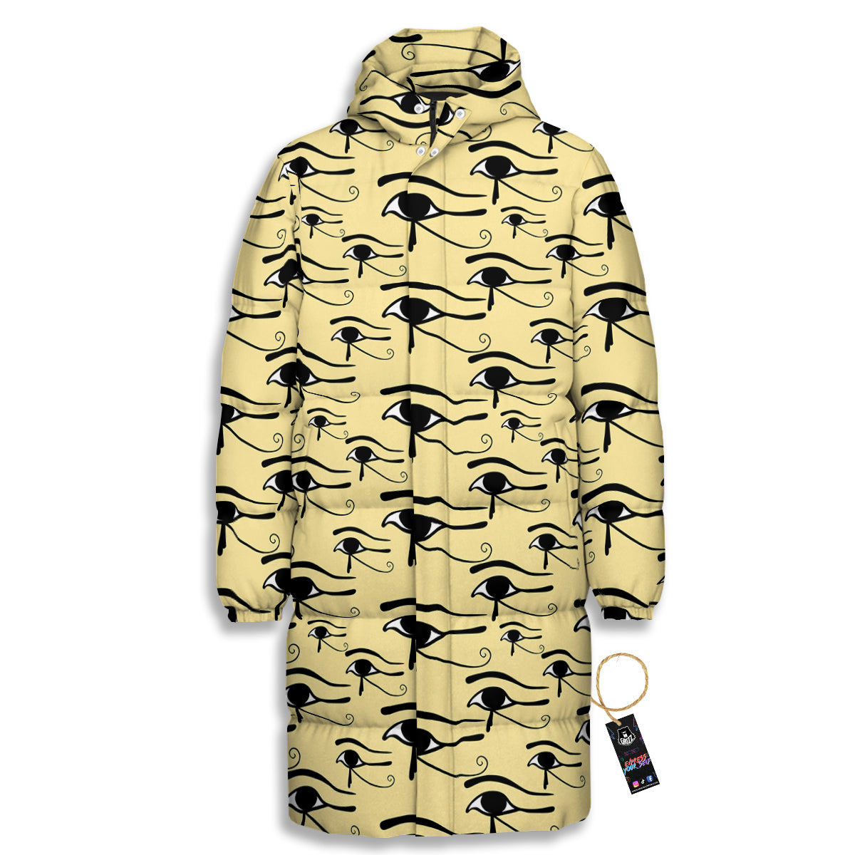 Beige Eye of Horus Print Pattern Long Down Jacket