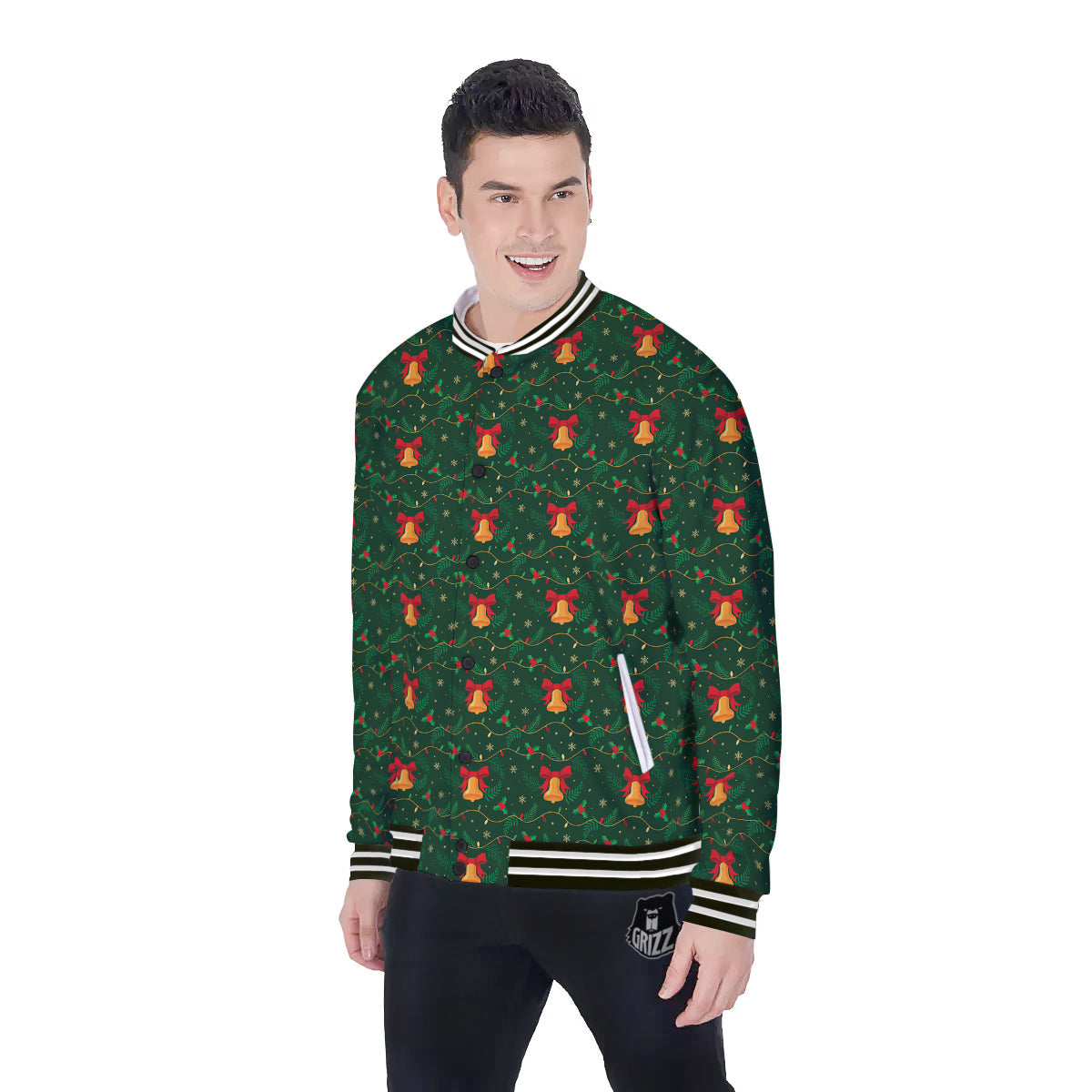 Bell Cute Christmas Print Pattern Baseball Jacket-grizzshop