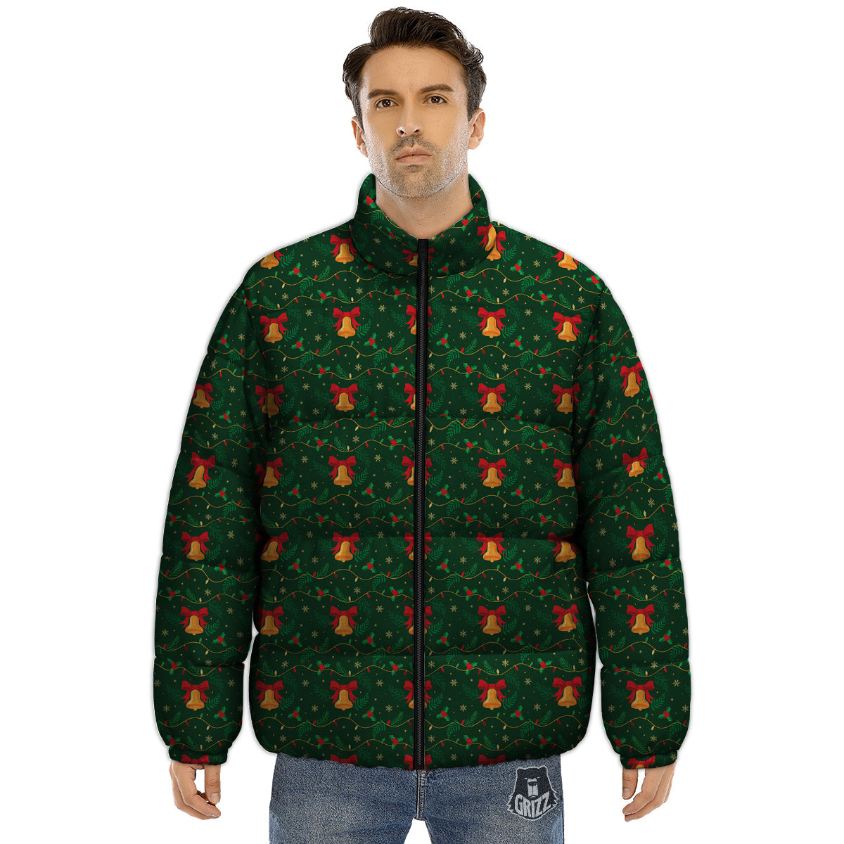 Bell Cute Christmas Print Pattern Puffer Jacket-grizzshop