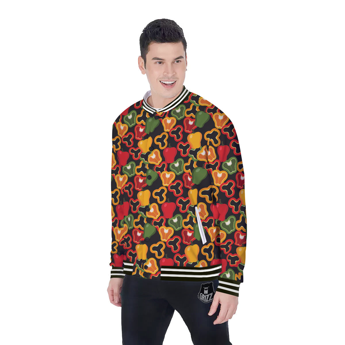 Bell Pepper Black Print Pattern Baseball Jacket-grizzshop