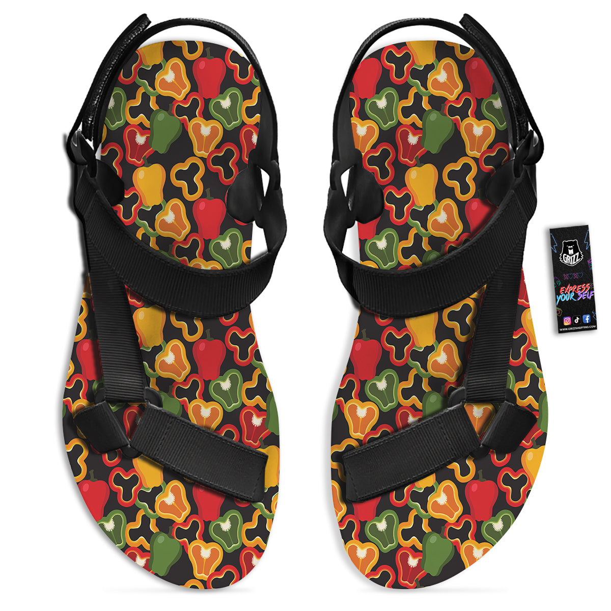 Bell Pepper Black Print Pattern Black Open Toe Sandals-grizzshop