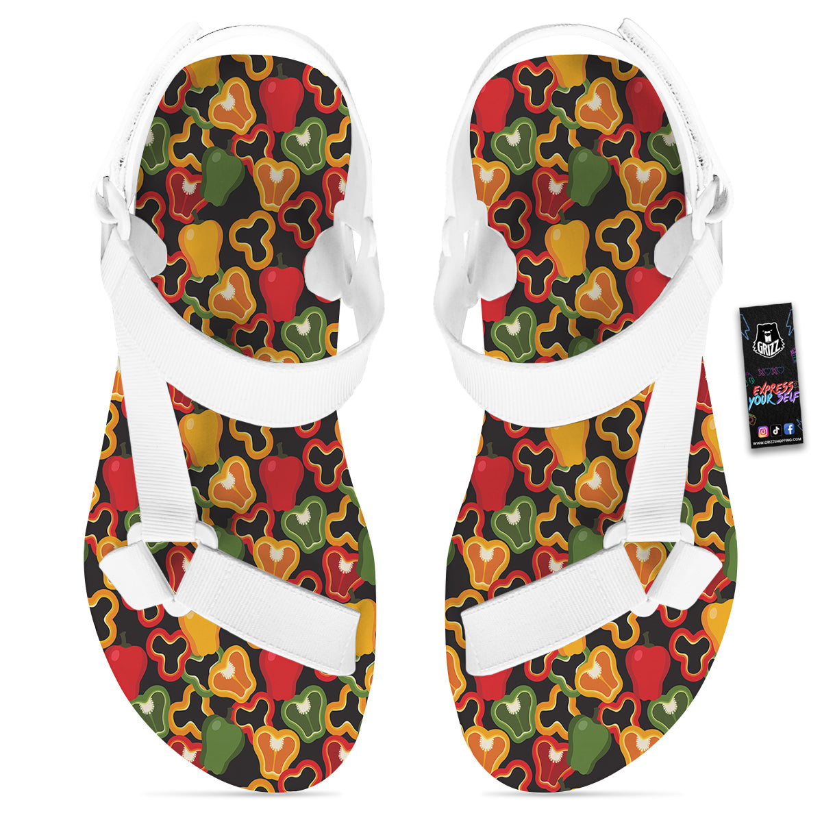Bell Pepper Black Print Pattern White Open Toe Sandals-grizzshop
