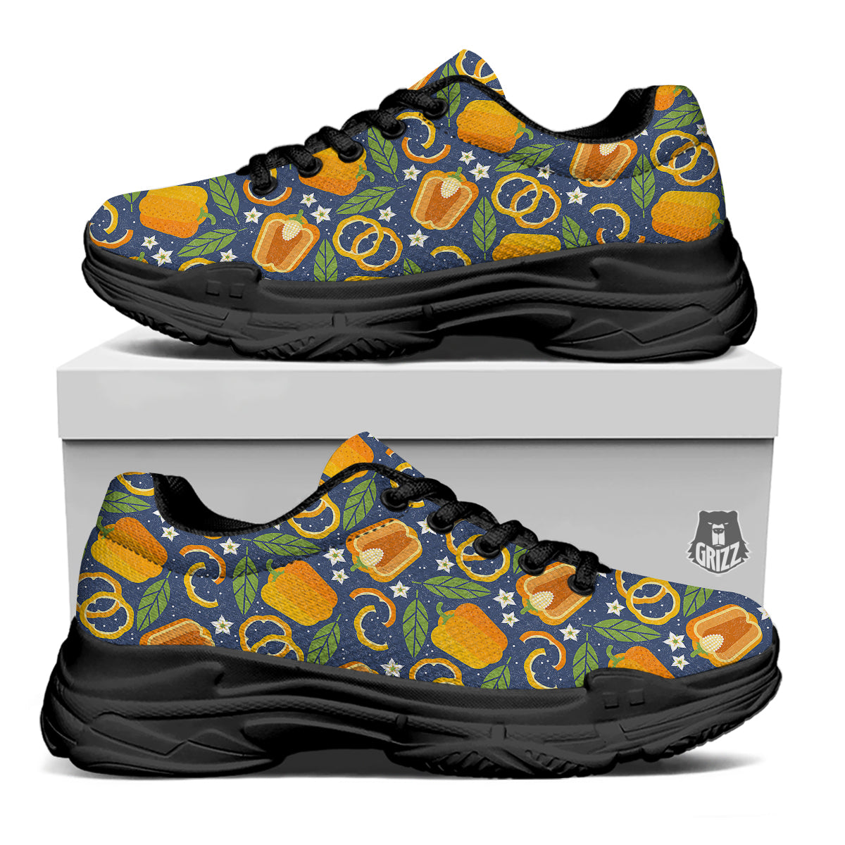 Bell Pepper Leaf Print Pattern Black Chunky Shoes-grizzshop
