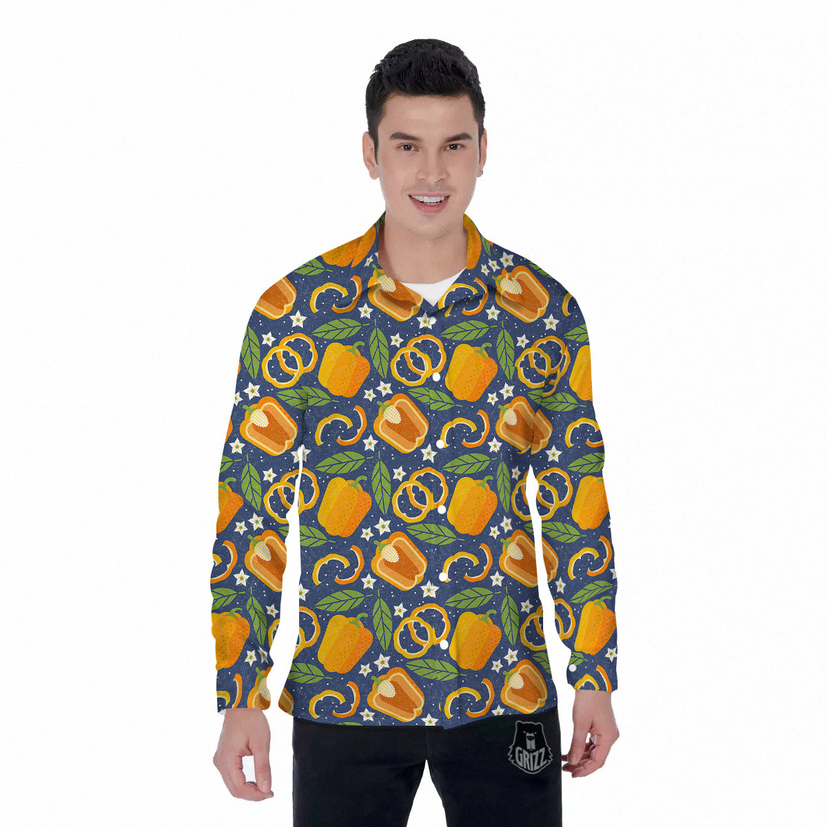 Bell Pepper Leaf Print Pattern Men's Long Sleeve Shirts-grizzshop