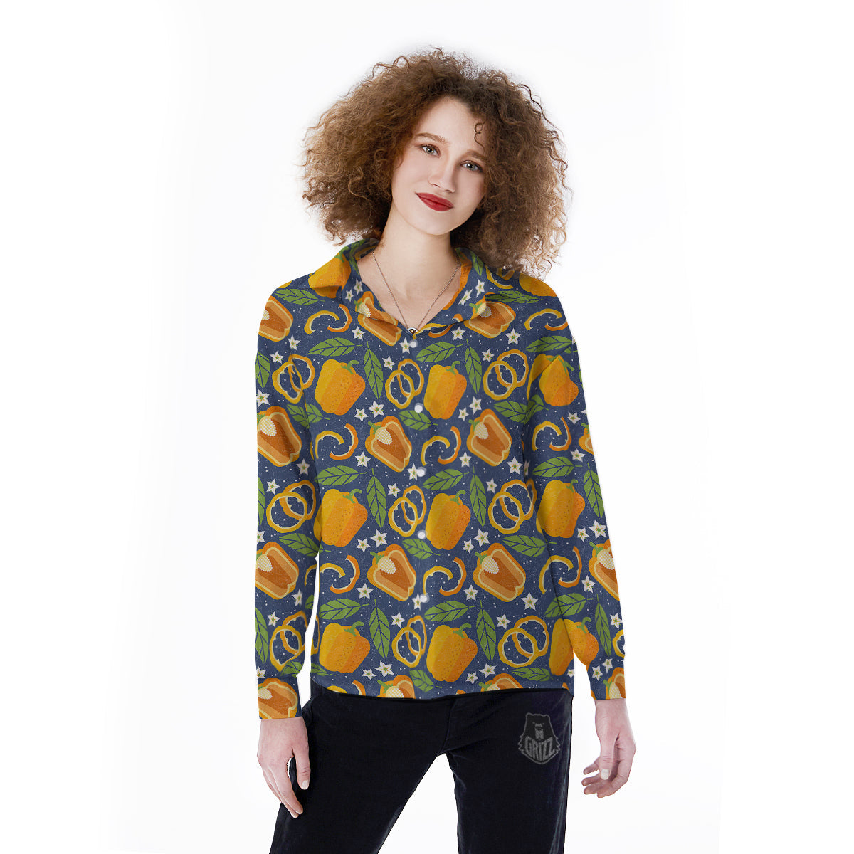 Bell Pepper Leaf Print Pattern Women's Long Sleeve Shirts-grizzshop