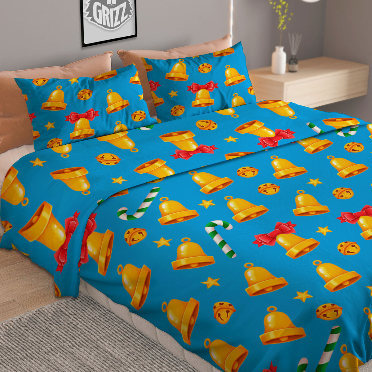 Bells Merry Christmas Print Pattern Duvet Cover Bedding Set