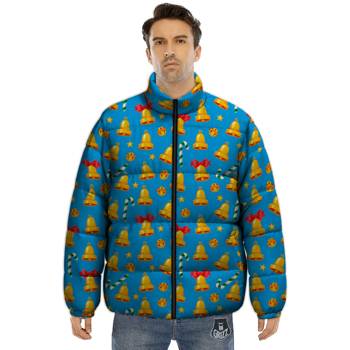 Bells Merry Christmas Print Pattern Puffer Jacket-grizzshop