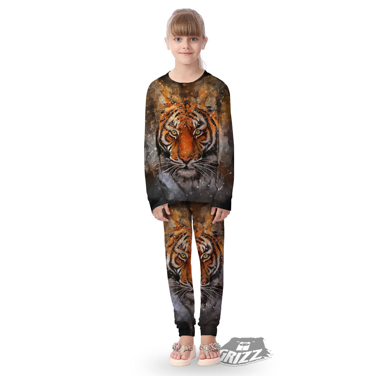Bengal Tiger Watercolor Print Kid's Pajamas-grizzshop