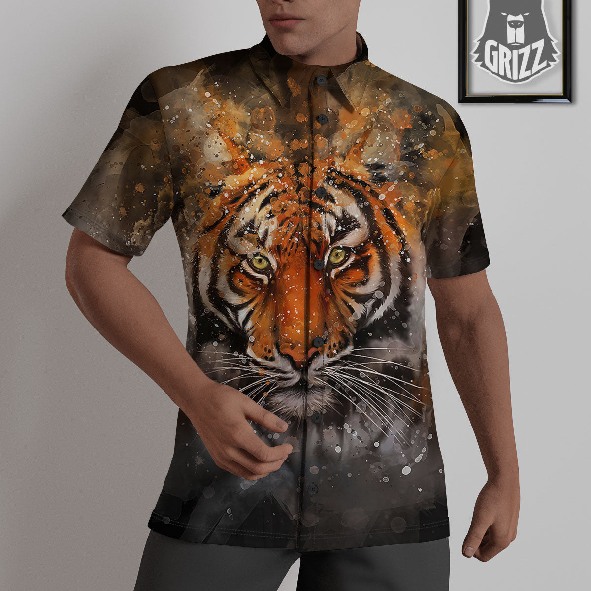 Bengal Tiger Watercolor Print Untucked Shirts-grizzshop