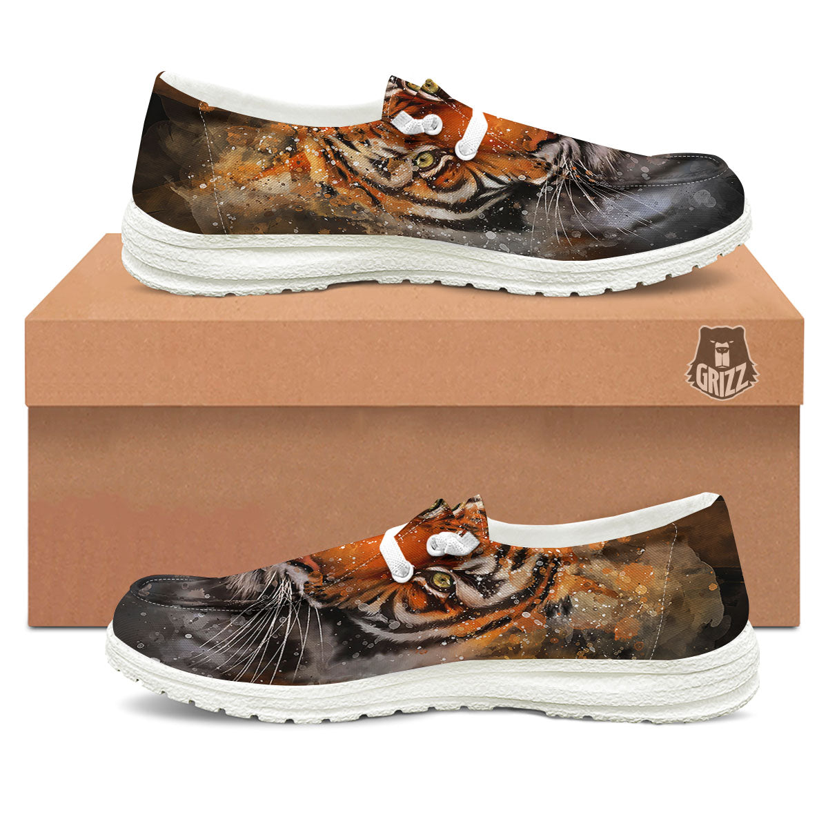 Bengal Tiger Watercolor Print White Loafers-grizzshop