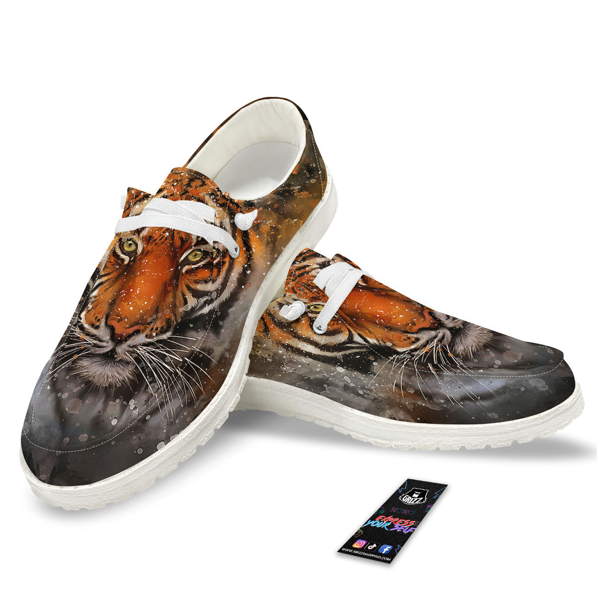 Bengal Tiger Watercolor Print White Loafers-grizzshop