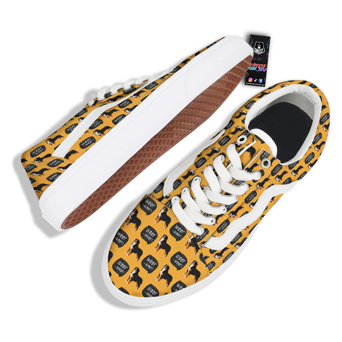 Bernese Yellow Woof Woof Print Pattern Skate Shoes-grizzshop
