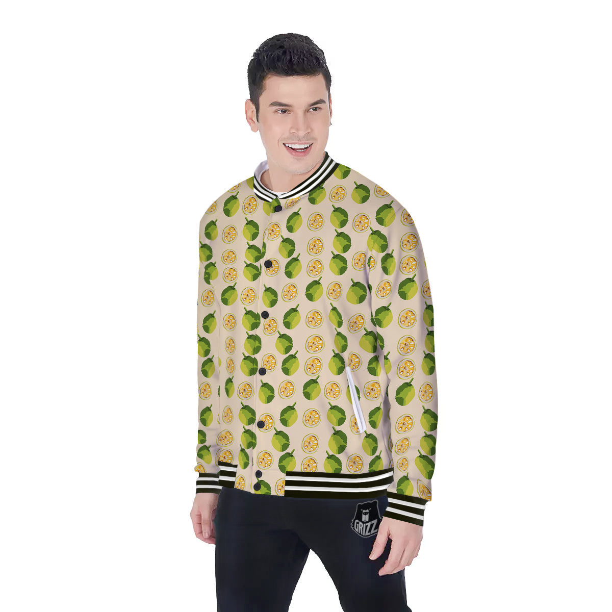 Biege Jackfruit Print Pattern Baseball Jacket-grizzshop
