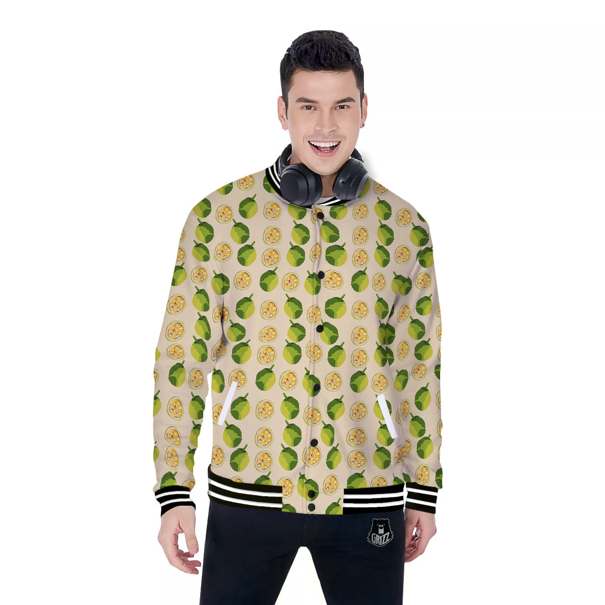 Biege Jackfruit Print Pattern Baseball Jacket-grizzshop