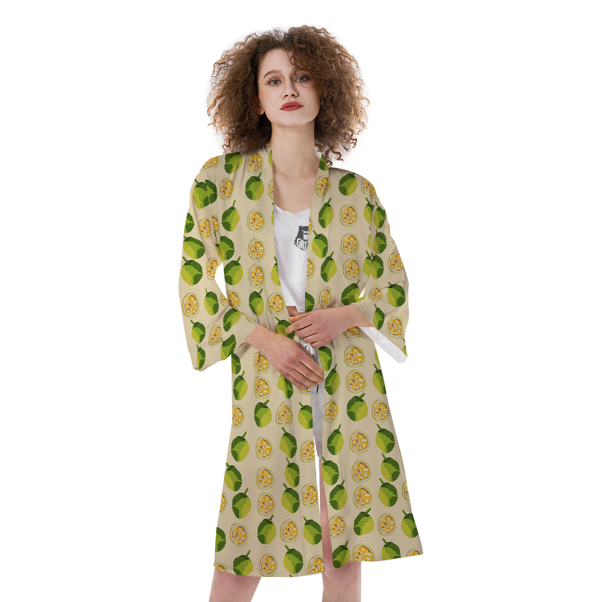 Biege Jackfruit Print Pattern Kimono-grizzshop