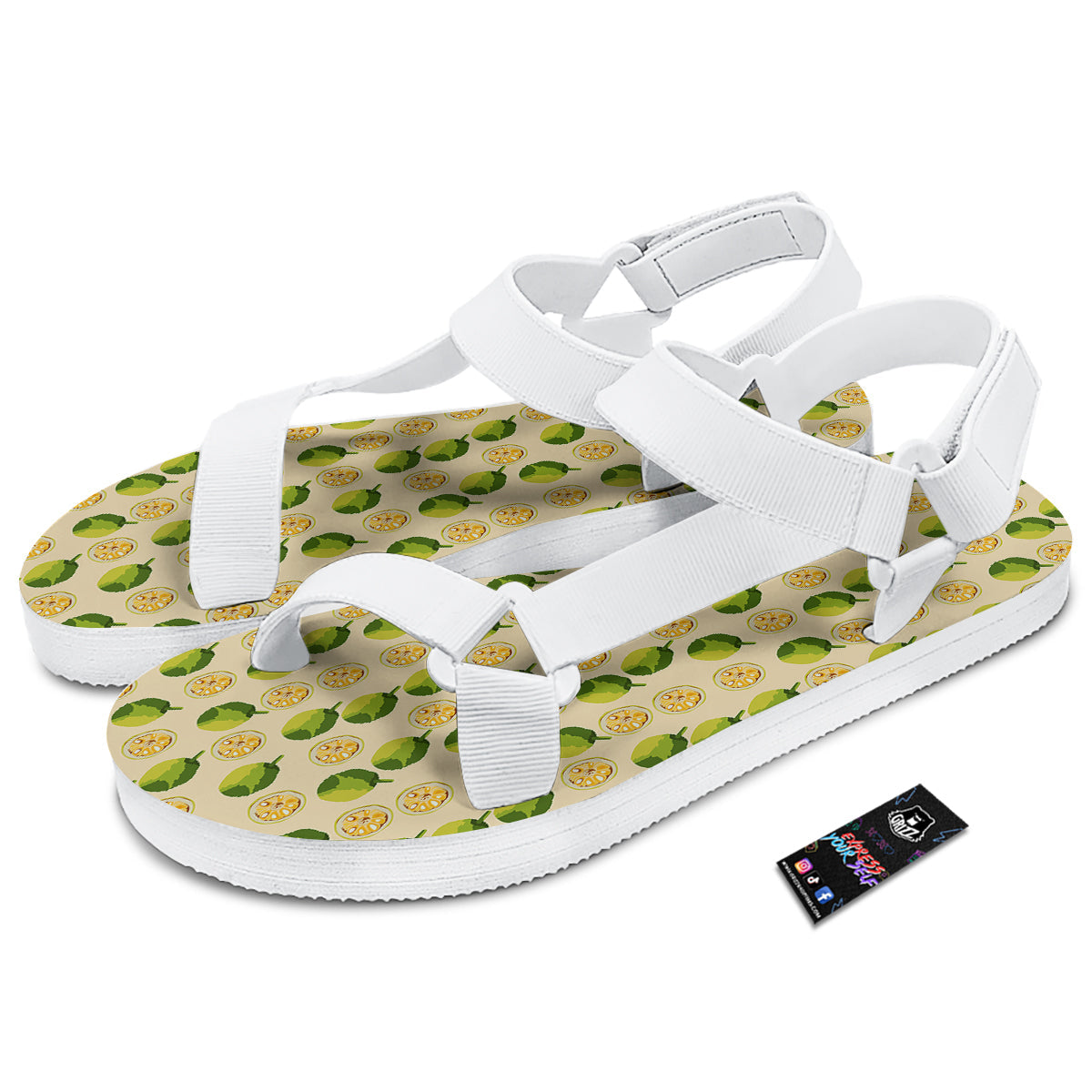 Biege Jackfruit Print Pattern White Open Toe Sandals-grizzshop