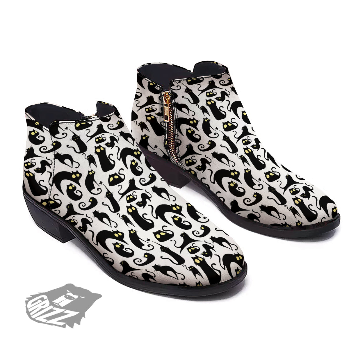Big Eye Black Cat Halloween Print Pattern Ankle Boots-grizzshop
