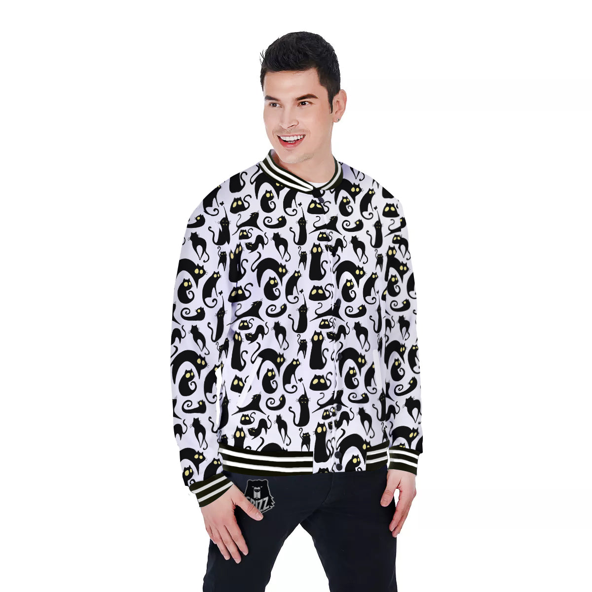 Big Eye Black Cat Halloween Print Pattern Baseball Jacket-grizzshop